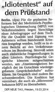 Zeitungsbericht 19.03.2014: "Idiotentest" auf dem Prfstand