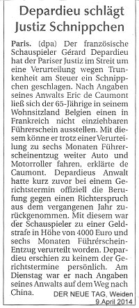 Zeitungsbericht vom 9. April 2014: Depardieu macht EU- Fhrerschein in Belgien